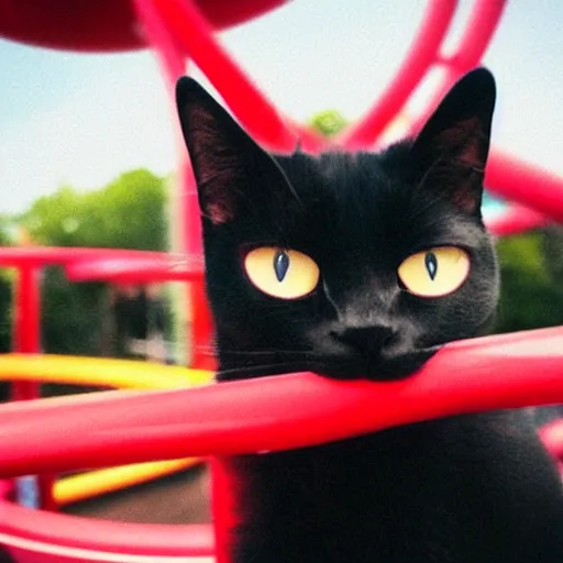 Prompt: black cat on a rollercoaster looping. focus on cats face. sunlight. polaroid photo. bright colors.