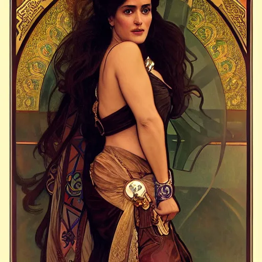 Image similar to salma hayek medium shot portrait by alphonse mucha, playful, fantasy, medieval, beautiful face, perfect detailed eyes, vivid colrs, elegant, sharp focus, hyper - realistic, 4 k, unreal engine, highly detailed, hd, dramatic lighting by brom, trending on artstation