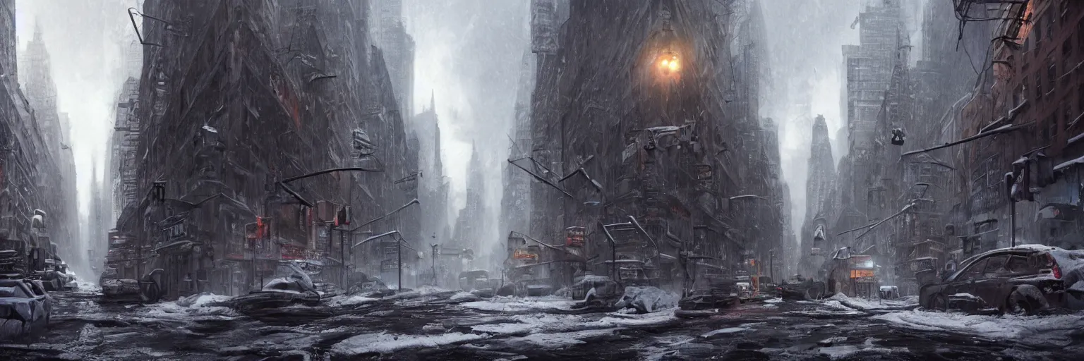 Image similar to Street in post apocalyptic Manhattan new york after a Blizzard, snow Storm, dramatic lighting, cinematic, establishing shot, extremly high detail, photo realistic, cinematic lighting, post processed, concept art, artstation, matte painting, style by eddie mendoza, raphael lacoste, alex ross