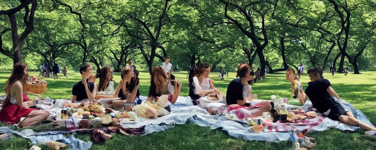 Image similar to a young generation z group of friends having a picnic in a central park manhattan new york on friday mid - summer of 2 0 2 2, in the style of an edward hopper painting
