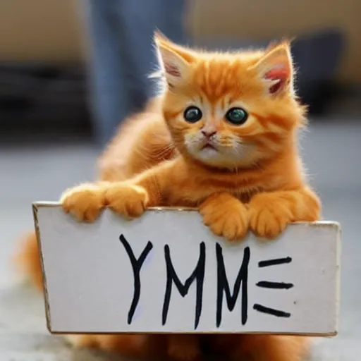 Prompt: cute fluffy orange tabby kitten with a sign that says