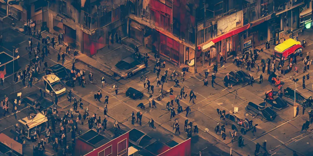 Prompt: aerial isometric photo, riot in a cyberpunk city, police use special equipment against the crowd on a square, high detail art, evening, police sirens in smoke, dark environment