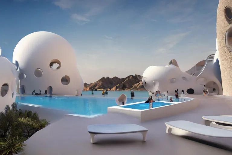 Prompt: palais bulles architecture is formed by the intersection of many white egg shaped spherical spaces. on the calm lake, people's perspective, future, interior wood, marble, award winning, highly detailed 4 - k art, dusk, unreal engine highly rendered, global illumination, radial light, internal environment