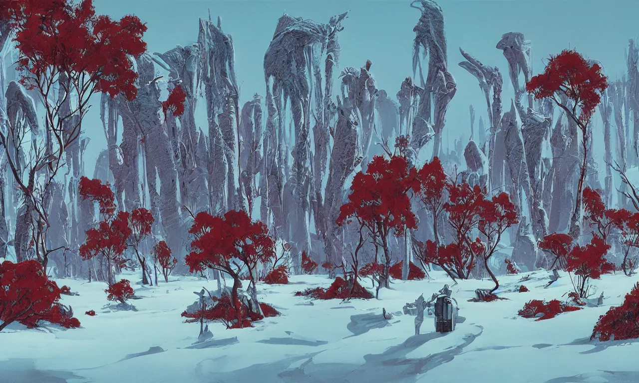 Prompt: frozen wasteland on an alien planet with distant green and red trees by Syd Mead, Federico Pelat