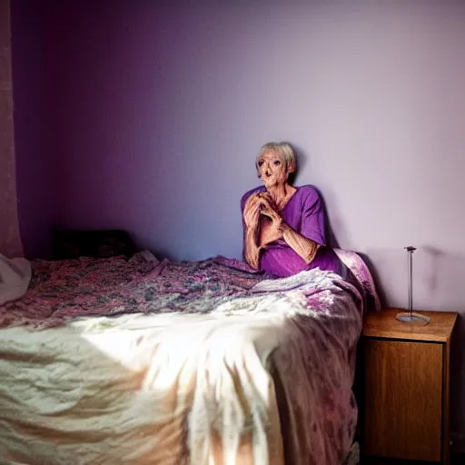 Image similar to older woman inside her bedroom, dramatic colored lighting, mysterious ambiance : : gregory crewdson photo style : : nikon d 8 1 0, ƒ / 2. 5, focal length : 8 5. 0 mm, exposure time : 1 / 8 0 0, iso : 2 0 0