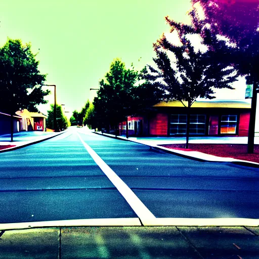 Prompt: Photograph of a liminal middle class American suburb, clean, empty street, broad daylight, glitches in reality, noisy filter, flat lighting