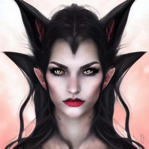 Prompt: Digital portrait of a beautiful half-elf half-vampire young woman. Her hair have black and white strands. Red irises, vertical pupils. Award-winning digital art, trending on ArtStation