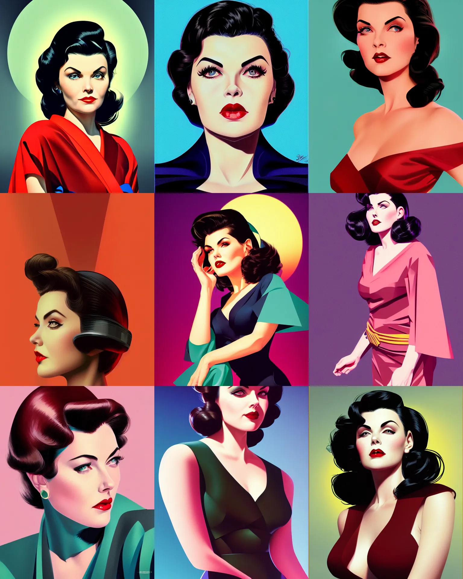 Prompt: sherilyn fenn 2 6 years old, retro futurism, half portrait by stanley artgerm, dramatic lighting, ilya kuvshinov, trending on artstation, flat colour, geometric curves, gradient filter, pleasing tone colours, wearing kimono