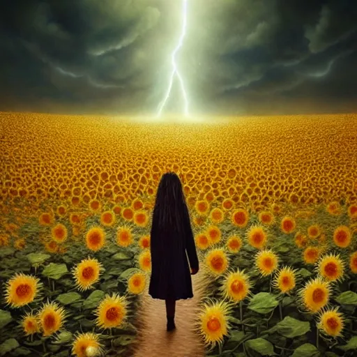 Prompt: by artgerm and agostino arrivabene, visually stunning, cinematic, ultra realistic, hyper realism, epic, octane render, unreal engine, vfx, maya, a girl slowly walking through amazing tall sunflower field, hair flowing, early morning lightning, fungal enchanter, murloc tinyfin, dread infernal, wee whelp, battle ram