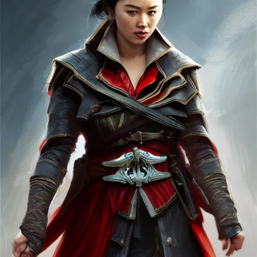 Prompt: Jessica Henwick as Shao Jun from Assassin's Creed, highly detailed, full body portrait, digital painting, artstation, concept art, sharp focus, illustration, cinematic lighting, art by artgerm and greg rutkowski and alphonse mucha