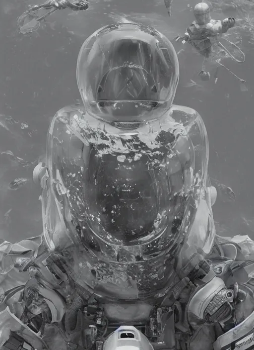 Image similar to astronauts in dark and empty void underwater - complex and hyperdetailed technical suit. reflection and dispersion materials. rays and dispersion of light. volumetric light. 5 0 mm, f / 3 2. noise film photo. flash photography. ultra realistic, wide angle. poster by wayne barlowe, hajime sorayama aaron horkey, craig mullins