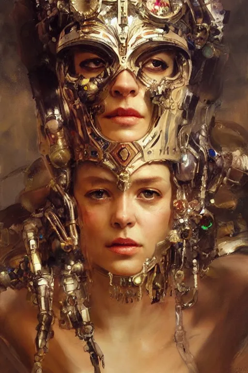 Image similar to beautiful expressive oil painting portrait of ancient cyborg god queen with a jeweled skull mask ascending wearing a neo japan crown, art by anders zorn, wonderful masterpiece by greg rutkowski, beautiful cinematic light, american romanticism by greg manchess, jessica rossier