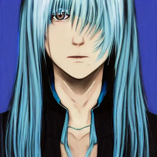 Image similar to profile shot of rimuru tempest, sky blue straight hair, long bangs, gold eyes, smug, wearing a black jacket with white stripes, high collar, ultra detailed, brush strokes, digital painting, cinematic, wlop, closeup, pixiv, color block, eerie, scary, yoshitaka amano, andy warhol, junji ito