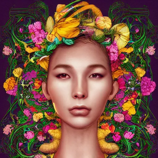 Image similar to the portrait of an unimaginably beautiful, graceful, and elegant woman made of bananas and petals, an ultrafine detailed illustration by kim jung gi, irakli nadar, intricate linework, bright colors, final fantasy, behance contest winner, angular, unreal engine 5 highly rendered, global illumination, radiant light, detailed and intricate environment