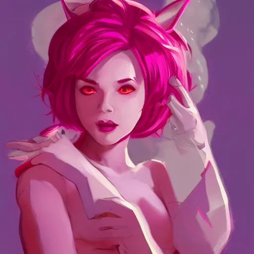 Image similar to a hot pink tiefling with a tinfoil hat, a pet rat, exasperated, character art, full body art, dungeons and dragons, d & d, trending on artstation, artgerm, 4 k ultra hd, sharp focus, digital art by ilya kuvshinov and ross tran