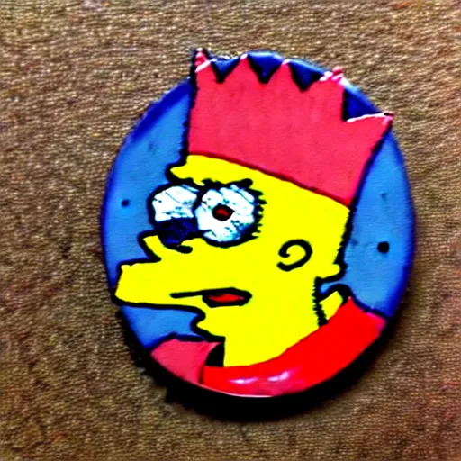 Image similar to painting on a badge!!!!, photo of a bart simpson, punks not dead!!!!, exploited!!, clash, junk yard, rats!!, god save the queen!!!, punk rock album cover art style, grunge, no future!!!!