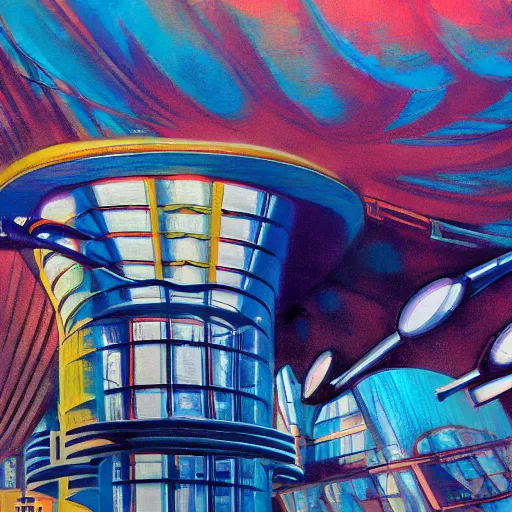 Image similar to detailed rooster, clockwork, moment, tectonic sky, skydome, bullet train, turbines, utopian, tech noir, wet reflections, prism, atmospheric, ambient, pj crook, syd mead, malcom t liepke, emma uber, edward hopper