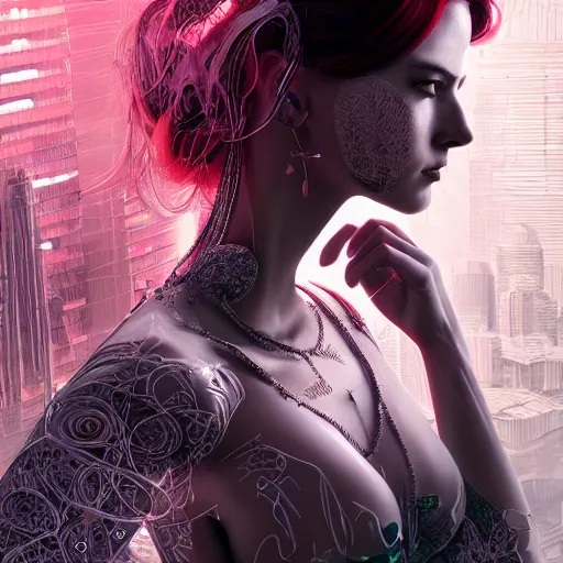 Prompt: the portrait of an absurdly beautiful, graceful, elegant, sophisticated, fashionable cyberpunk gravure idol, an ultrafine hyperdetailed illustration by kim jung gi, irakli nadar, intricate linework, bright colors, porcelain skin, unreal engine 5 highly rendered, cgsociety, global illumination, radiant light, detailed and intricate environment