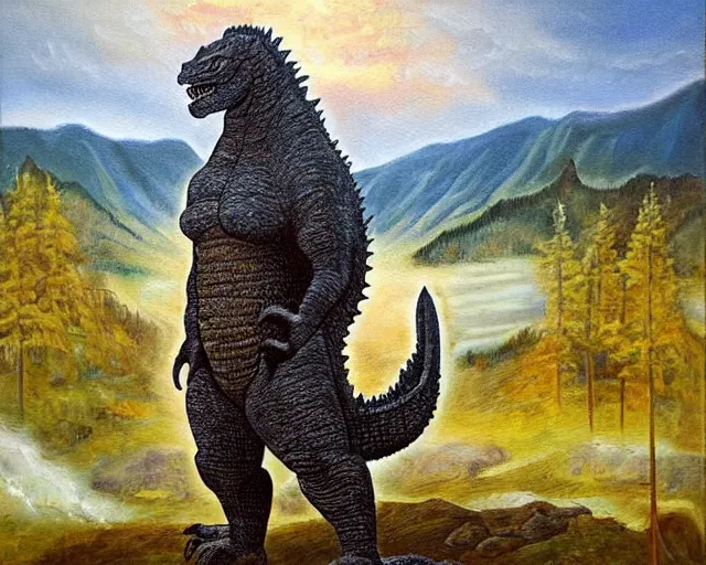 Prompt: ancient godzilla standing in front of altai forest with a sword, detailed oil painting in the style of middle ages