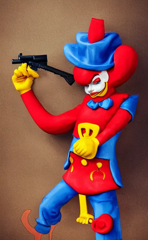 Image similar to a incredible photo of ronald mcdonald robbing a bank with a gun. award winning. very high quality. hq. hd.