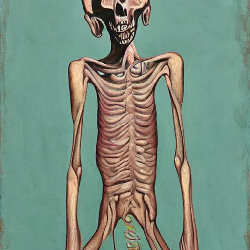 Image similar to death-camp-survivor-super-skinny-emaciated-horribly-skinny-Laughing-Painfully-at-himself painting by Thomas-Montacellinio