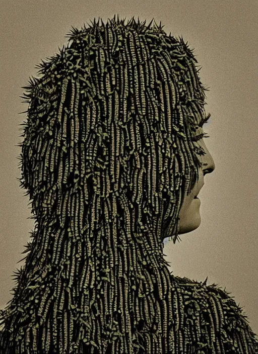 Image similar to a woman's face in profile, made of cactus spines, in the style of the Dutch masters and Gregory Crewdson, dark and moody