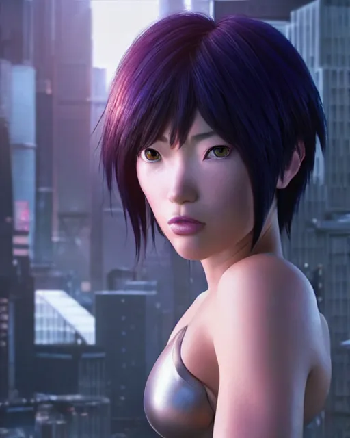 Image similar to weta disney pixar movie still portrait photo of motoko kusanagi the major ghost in the shell : : as cyborg woman by pixar : : by weta, wlop, ilya kuvshinov, rossdraws, artgerm, maxim cover, octane render, anime, octane render, 3 d, volumetric lighting, anti aliasing, raytracing : :