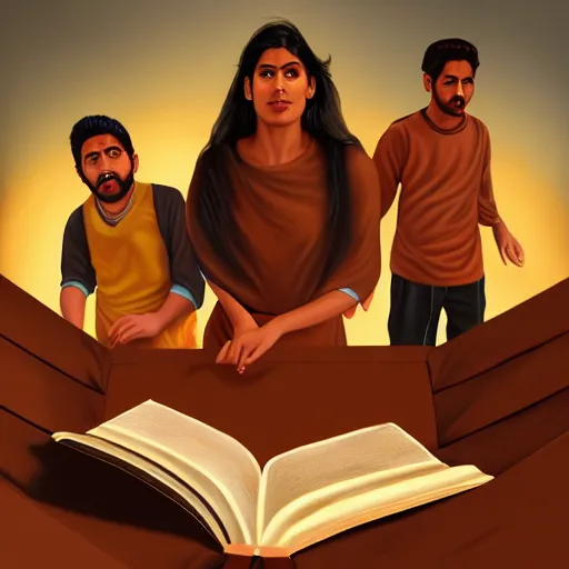 Image similar to a painting of three brown men and a brown woman emerging out of a giant open book, hyperrealistic faces, detailed digital art, aesthetic!, trending on artstation