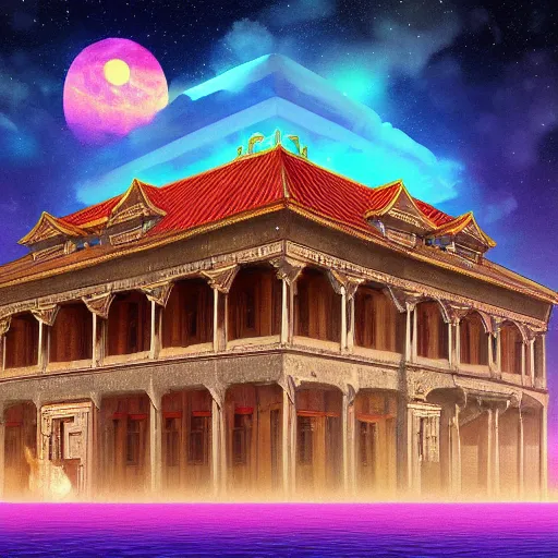 Prompt: ancient palace floating in the space, retrowave epic art, trending on art station