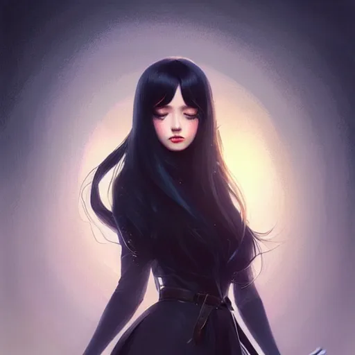 Image similar to a beautiful girl with long black hair, fantasy, sharp focus, intricate, elegant, digital painting, artstation, matte, highly detailed, ambient lighting, art by Rossdraws, artgerm, Ilya Kuvshinov, and Greg Rutkowski