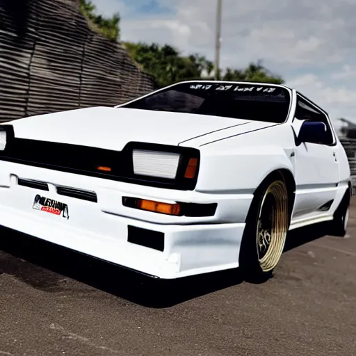 Image similar to white AE86 GT Apex Trueno in 2022 AE86 made in 2022 modern aggressive parked full view mid distance 45mm photo