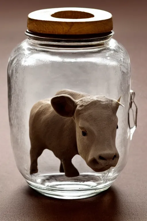 Prompt: a small bull inside a glass jar with holes in the lid