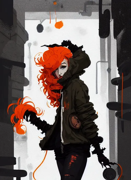 Prompt: highly detailed portrait of a sewer punk lady, tartan hoody, ringlet hair by atey ghailan, by greg rutkowski, by greg tocchini, by james gilleard, by joe fenton, by kaethe butcher, gradient orange, black, cream and white color scheme, grunge aesthetic!!! ( ( graffiti tag wall background ) )