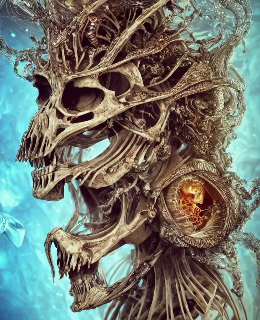 Image similar to close-up macro portrait of the face of a beautiful princess with animal skull mask, epic angle and pose ribcage skeleton, symmetrical artwork, 3d with depth of field, blurred background, cybernetic jellyfish female face skull phoenix bird, translucent, nautilus, energy flows of water and fire. a highly detailed epic cinematic concept art CG render. made in Maya, Blender and Photoshop, octane render, excellent composition, cinematic dystopian brutalist atmosphere, dynamic dramatic cinematic lighting, aesthetic, very inspirational, arthouse. y Greg Rutkowski, Ilya Kuvshinov, WLOP, Stanley Artgerm Lau, Ruan Jia and Fenghua Zhong