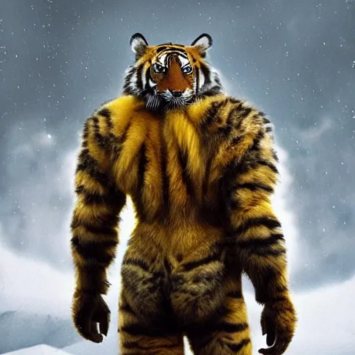 Prompt: full body still of a humanoid with tiger-like features, yellow eyes, teeth that protrude past the lower lip and fine grayish fur on their faces and backs of their hands wearing futuristic alien armor and carrying weapons, octane,