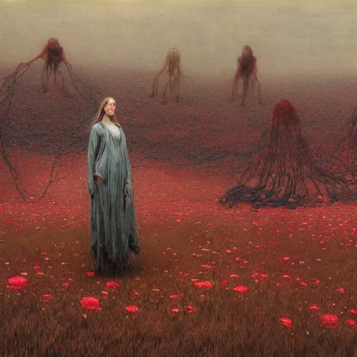 Image similar to A woman wearing clothes made out of thunder clouds and flowers, giant monsters walking in the distance, red skin, Masterpiece, glowing, wires everywhere, by Edgar Maxence and Ross Tran, Zdzisław Beksiński, and Michael Whelan, distant, gustav dore, H.R. Giger, 8k, octane render