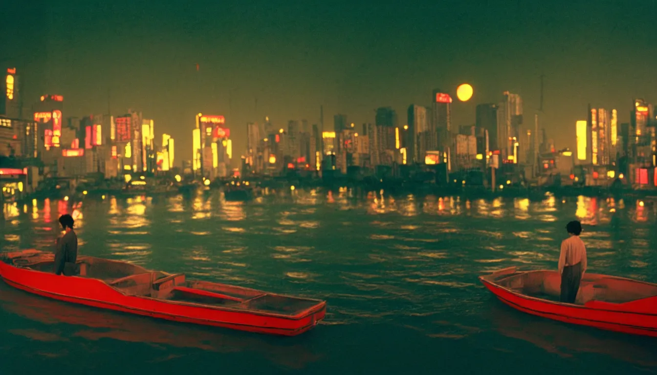 Prompt: 80s asian neon movie still with a lone man driving a boat on the river at night with city lights behind his back. Fallen angels movie still. hyperrealistic, high definition, medium format photography, highly detailed, tehnicolor, anamorphic 50mm lens