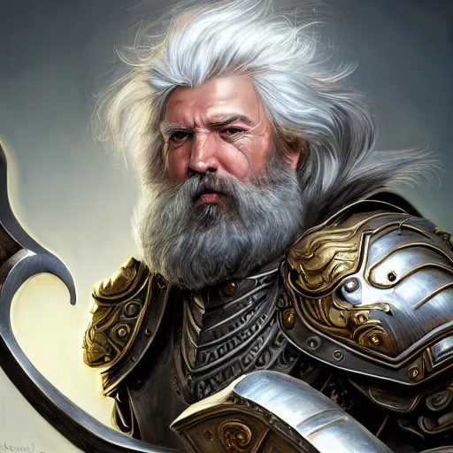 Image similar to a masterpiece ultrarealistic ultradetailed portrait of full armored magic knight strong bearded white haired man with giant axe baroque renaissance. wide angle, intricate, elegant, by stanley artgerm lau, wlop, rossdraws, james jean, andrei riabovitchev, marc simonetti, background by james jean, light by julie bell, porcelain skin. global illumination. vfx