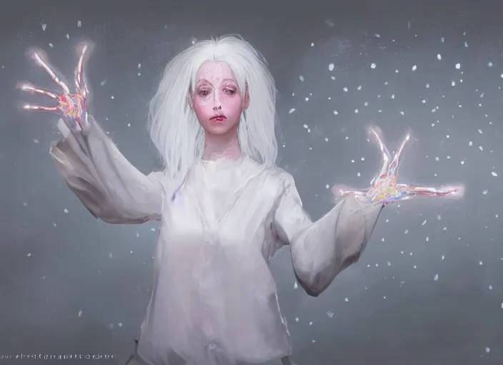 Image similar to girl with silk glowing white hair with glowing white stings coming out of her hands, she poses as a puppeteer with her hands infront of her concept art trending on artstation oilpaint portrait