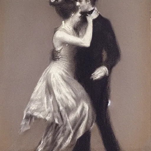 Image similar to old lady and young gentleman ballroom dancing by alfred stevens in charcoal