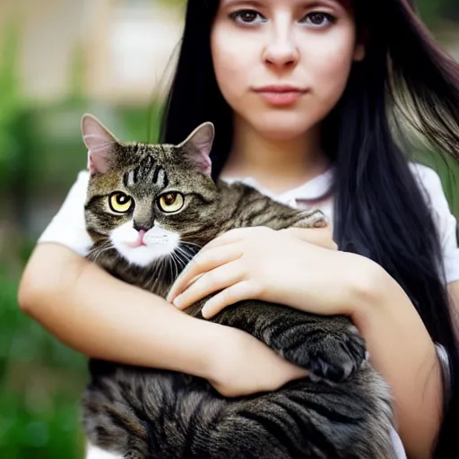 Image similar to a girl with long dark hair holding a cat in her arms, a stock photo by juan villafuerte, pexels contest winner, high quality photo, rtx, hd, shiny eyes, rasquache, a renaissance painting by sailor moon, anime, anime aesthetic