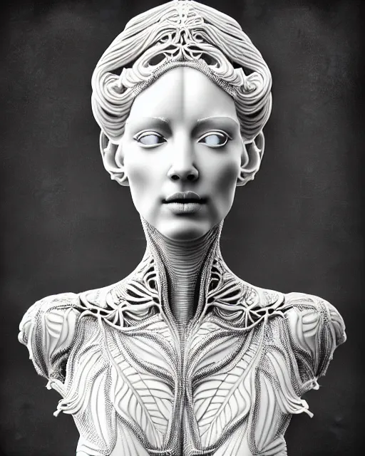Image similar to bw 3 d render of a beautiful female queen - cyborg - vegetal, intricate fractal ornament in the bust with a very long neck, elegant, highly detailed intricate rococo ornament in her blond long hair, realistic, refined, highly detailed, cinematic outdoor lighting, by flora borsi in the style of dora maar, volumetric lighting, hyper realistic photography