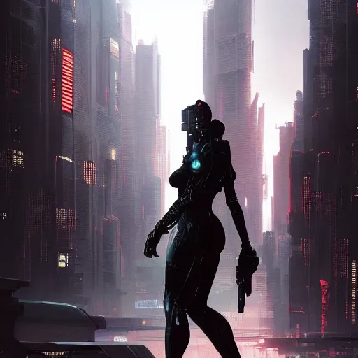 Prompt: a tall, broad-shouldered woman standing before a cyberpunk cityscape, dramatic lighting, illustration by Greg rutkowski, yoji shinkawa, 4k, digital art, concept art, trending on artstation