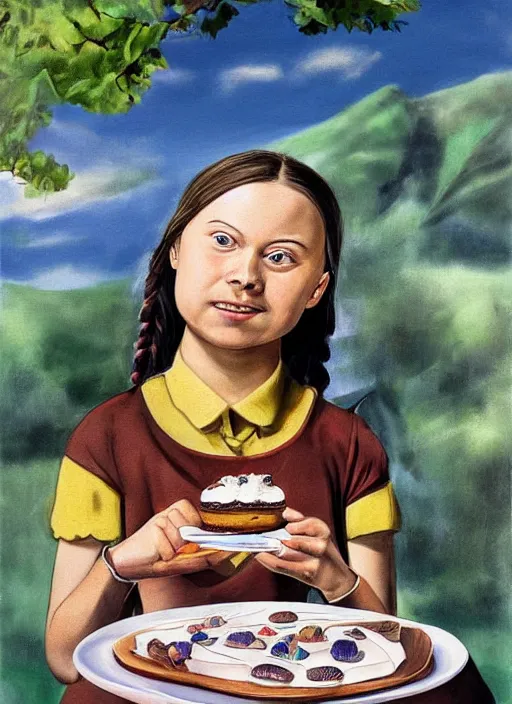 Prompt: greta thunberg eating cakes painted by salvador dali, detailed digital art, trending on Artstation