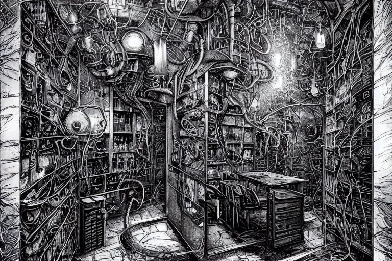 Prompt: lovecraftian office with terminals where humans are plugged into neural links and forced to dream for the eldritch overlords, by hr giger, dan mumford, stephen gammell, noriyoshi ohrai