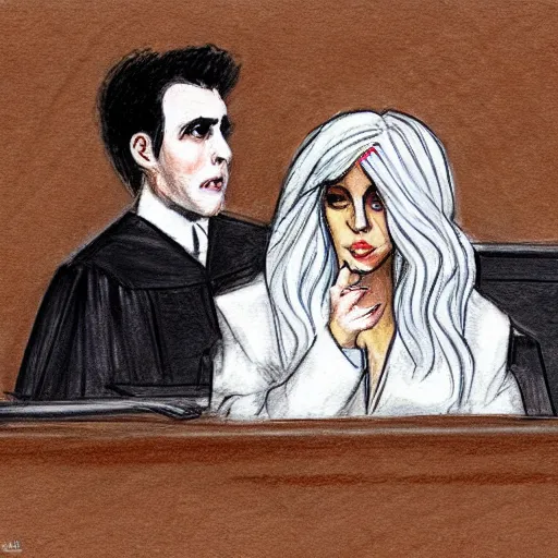 Image similar to courtroom sketch of lady gaga in the witness stand pointing at the hamburgler