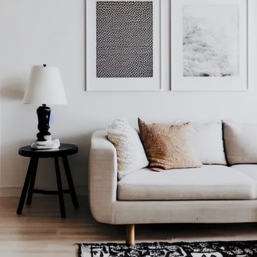 Prompt: centered minimalist clean spacious empty bright mockup photo of a large blank frame on floor with thin light wooden frame moulding, white background wall, light boho carpet, white furniture, white minimalist lamps, white pillows, trending on etsy