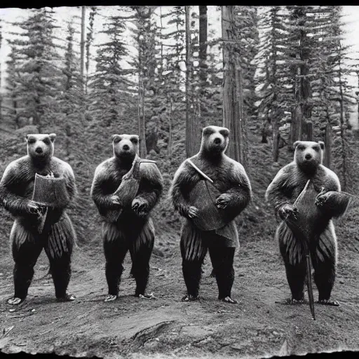 Image similar to “ a group of grizzly bears wearing full samurai armour in the forest, 1 9 0 0 ’ s photo ”