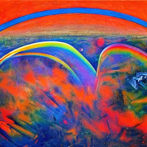 Image similar to ghostly, calm rainbow by c. r. w. nevinson, by jean - paul riopelle. a beautiful conceptual art of a space battle with wild, bright colors.