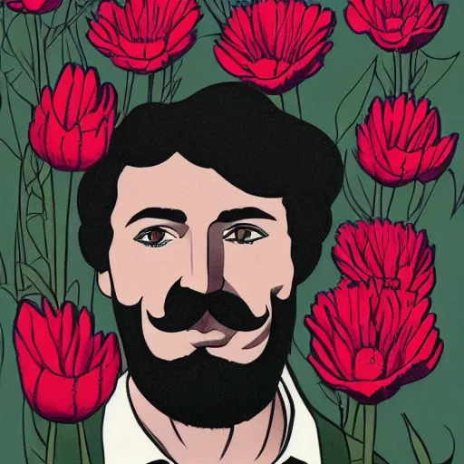 Image similar to a man with a moustache standing in front of flowers, a character portrait by jack smith, tumblr contest winner, aestheticism, masculine, aesthetic, ilya kuvshinov